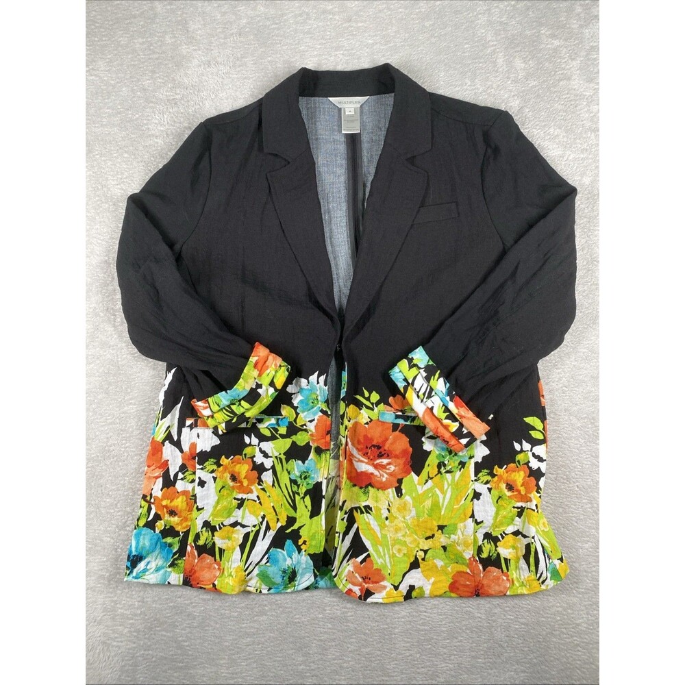 Multiples Floral Colorful One Hook & Eye Closure Blazer Size Medium Black Rayon